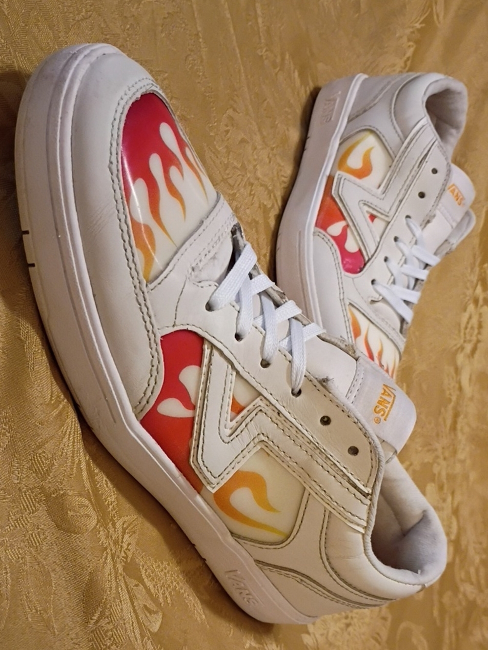 VANS  White Sneakers with Red and Orange Flame Panels, Women's 8.5 Men's 7.0